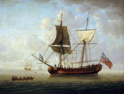 Eine britische Brigg, die die rote Flagge und den Union Jack trägt, vor der Küste in ruhiger See von John the Elder Cleveley