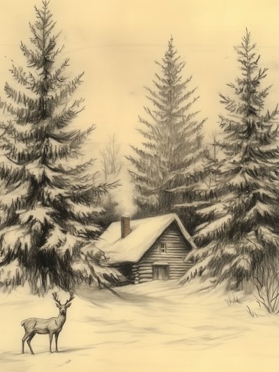 Rustikale Winterhütte mit Hirsch von Jolly and Dash
