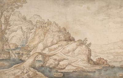 Hügelige Landschaft mit Fluss, Brücke und Häusern mit zwei Figuren links, spätes 16. bis mittleres 17. Jahrhundert von Joos de Momper the Younger.