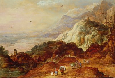 Gebirgslandschaft mit Figuren und Maultieren von Joos or Josse de Momper