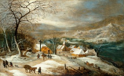 Eine Winterlandschaft mit Figuren auf einer Straße bei einem Dorf von Joos or Josse de Momper