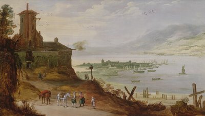 Hügelstadt mit Blick auf einen Hafen von Joos or Josse de Momper