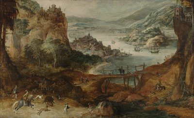 Flusslandschaft mit Wildschweinjagd von Joos or Josse de The Younger Momper