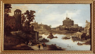 Ansicht des Tibers und der Engelsburg in Rom. Ein Haus auf Stelzen rechts. Gemälde von Josse Momper II (1564-1635), 17. Jahrhundert. Châlons-sur-Marne, Stadtmuseum von Joos or Josse de The Younger Momper