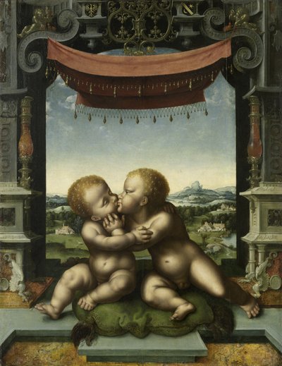 Die Kinder Christus und Johannes der Täufer umarmen sich von Joos van Cleve
