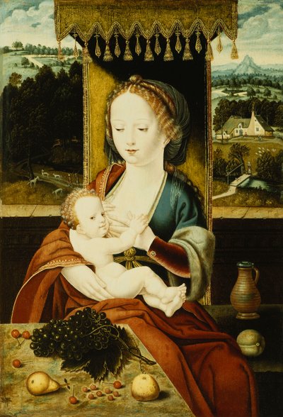 Die Madonna und das Kind, unter einem Baldachin sitzend, an einem Tisch mit Früchten, in einer Landschaft von Joos van Cleve