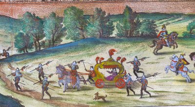 Ankunft von Königin Elizabeth I. im Nonesuch Palace mit ihren Höflingen, Wachen und Hunden, 1598 (Detail) von Joris Hoefnagel