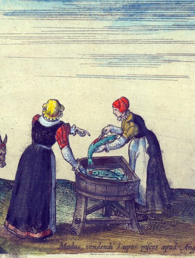 Fischweiber verkaufen und zerlegen Hecht, 1598 (Detail) von Joris Hoefnagel
