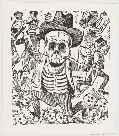 Ein Skelett hält einen Knochen und springt über einen Haufen Schädel, während Menschen fliehen, ca. 1907 von José Guadalupe Posada