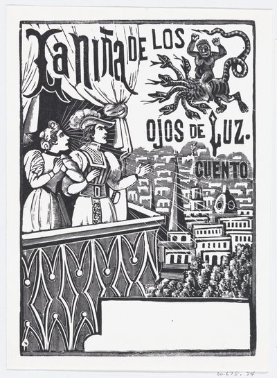 Eine Frau und ein Mann stehen auf einem Balkon und schauen zu einem fliegenden Monster am Himmel..., ca. 1880-1910 von José Guadalupe Posada