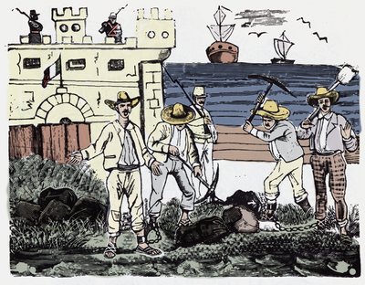 Die mexikanische Revolution (1910-1920): Gruppen von Gefangenen bei Zwangsarbeit - Xylographie von Jose Guadalupe Posada (1852-1913) von José Guadalupe Posada