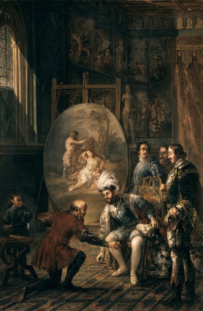 Kaiser Karl V. hebt den Pinsel des Malers Tiziano Vecellio auf, genannt Tizian, Hofmaler des Kaisers. Gemälde von Jose Felipe Parra (1824-1864) 19. Jahrhundert von Jose Felipe Parra