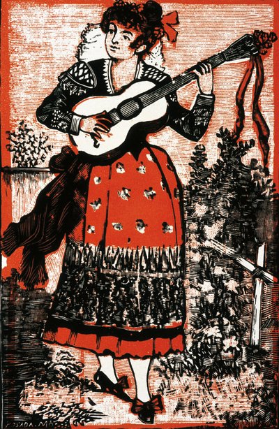 Titelblatt eines Liederbuchs mit einer Mexikanerin mit Gitarre von José Guadalupe Posada