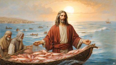Jesus das Netz war gefüllt mit 153 großen Fischen von Josef Johann Michel