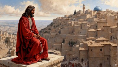 Jesus wurde vom Teufel auf die Tempelzinne gestellt - stürze Dich herab von Josef Johann Michel