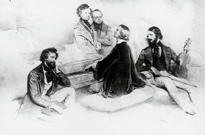 Matinee im Haus von Liszt, von links nach rechts, Kriehuber, Komponist Hector Berlioz, Carl Czerny, Liszts Lehrer, Franz Liszt und Geiger Heinrich Wilhelm Ernst, Lithographie von Josef Kriehuber von Josef Nikolaus Kriehuber