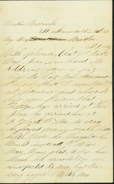 Brief unterschrieben Joseph A. Fardell, Benton Barracks, St. Louis, Mo., an Mutter, 12. November 1863 von Joseph A. Fardell