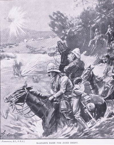 McAdams Ansturm auf Zand Drift, aus After Pretoria: Der Guerillakrieg veröffentlicht von Harmsworth Bros Limited, 1901 von Joseph Finnemore