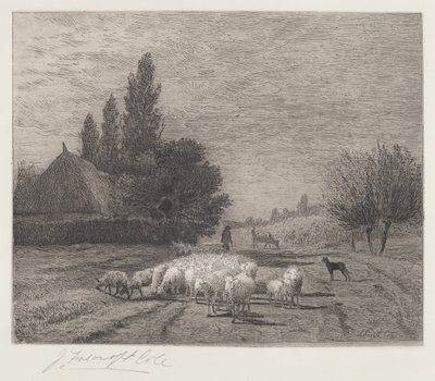 Dorfstraße in Frankreich mit einer Schafherde von Joseph Foxcroft Cole