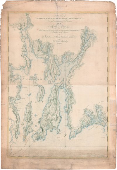 Eine Karte des Hafens von Rhode Island und der Narragansett Bay von Joseph Frederick Wallet DesBarres