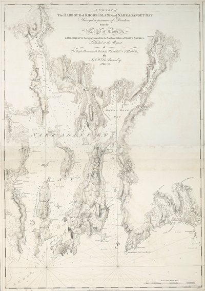 Eine Karte des Hafens von Rhode Island und der Narraganset-Bucht von Joseph Frederick Wallet DesBarres
