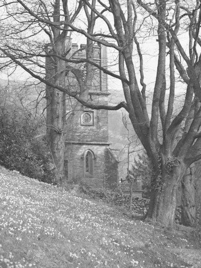 Blick auf eine Kirche; Architektur; religiös; kirchlich; Turm durch Bäume von Joseph Hardman