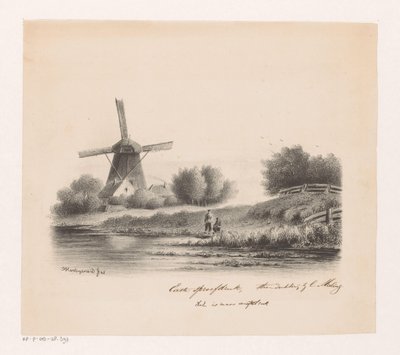 Landschaft mit Mühle und zwei Fischern von Joseph Hartogensis
