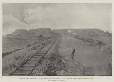 De Aar, zeigt die Eisenbahn nach Kimberley, mit Tafelberg in der Ferne, etwa fünfunddreißig Meilen entfernt von Joseph Holland Tringham