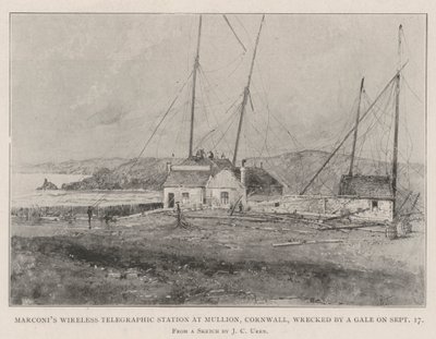 Marconis drahtlose Telegrafenstation in Mullion, Cornwall, durch einen Sturm am 17. September zerstört von Joseph Holland Tringham
