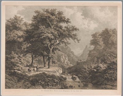 Bergige Landschaft mit Wasserfall, links ein Junge mit drei Kühen und einem Hund von Joseph Hubert Blees