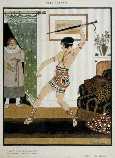 Junges Mädchen im antiken Kostüm trainiert, einen Speer mit einem Regenschirm zu werfen. Fantasieplakat, das die Begeisterung der Olympiaden illustriert. Zeichnung von J. Kuhn Regnier um 1920. von Joseph Kuhn Regnier