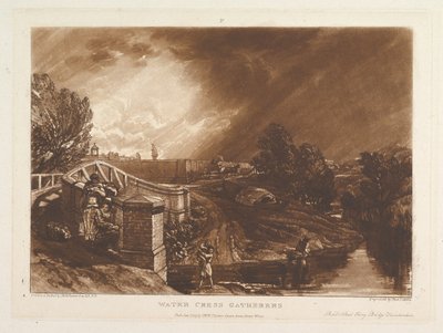 Wasserkresse-Sammler, Rails Head Ferry Bridge, Twickenham Liber Studiorum von Joseph Mallord William Turner