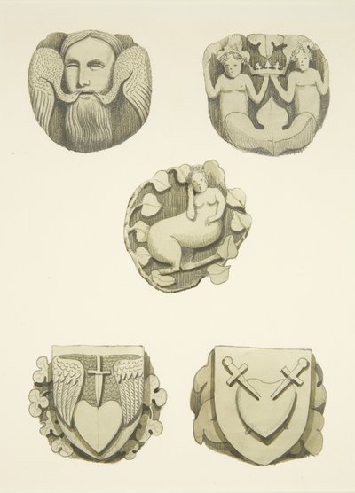 Fünf Gewölbesteine an der Decke beim Betreten der Nordtür der Kathedrale von Bristol von Joseph Manning