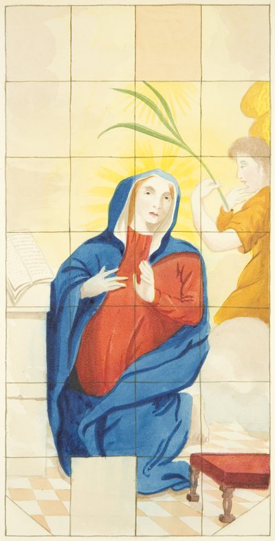 Buntglasfenster am östlichen Ende des südlichen Seitenschiffs der Kathedrale von Bristol, das die Verkündigung zeigt von Joseph Manning