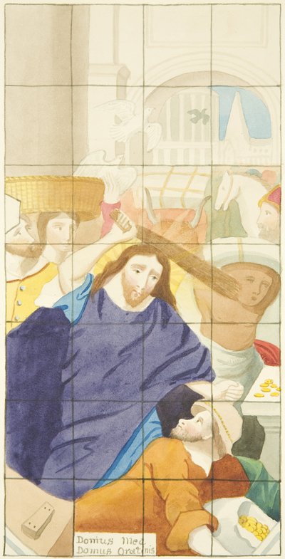 Buntglasfenster am Ostende des Südschiffs der Kathedrale von Bristol, das Käufer und Verkäufer im Tempel zeigt von Joseph Manning