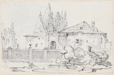 Haus und Bäume hinter einer Gartenmauer von Joseph Marie Vien