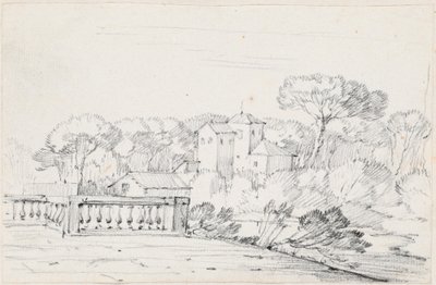 Terrasse an einem Fluss mit einer Villa und Bäumen dahinter von Joseph Marie Vien