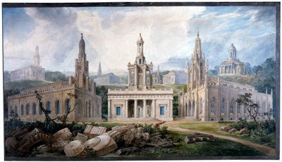 Eine Gruppe von Kirchen, entworfen von Sir J. Soane zur Darstellung verschiedener Architekturstile von Joseph Michael Gandy
