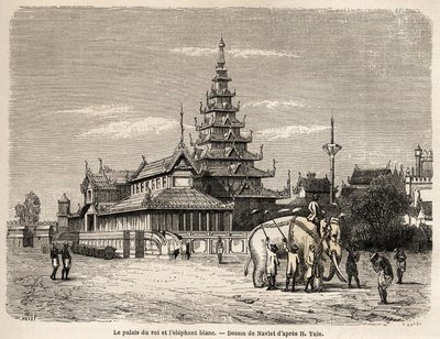 Der Palast des Königs von Ava in Amarapoura (heutiges Burma), Zeichnung von Navlet zur Illustration der Reise ins Königreich Ava im Jahr 1855 von Kapitän Henri Yule vom Bengalischen Genie-Korps. Gravur in „Le tour du monde, nouveau journal des voyages“ von Joseph Navlet