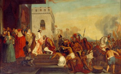 Empfang von Christoph Kolumbus durch die Könige von Spanien Ferdinand II. von Aragon und Isabella I. von Kastilien in Barcelona 1493 von Joseph Nicolas Robert Fleury