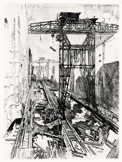 Krane an der Miraflores-Schleuse, Platte XXII aus Der Panamakanal von Joseph Pennell, 1912 von Joseph Pennell
