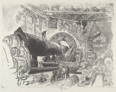 Schneiden und Drehen einer großen Kanone, 1916 von Joseph Pennell