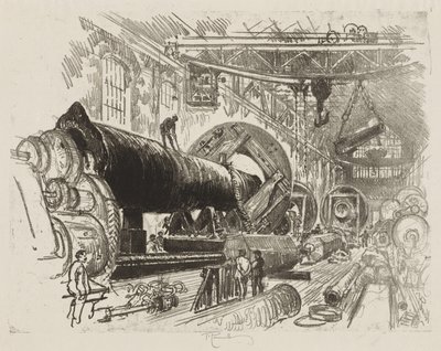 Englische Kriegsarbeit: Schneiden und Drehen eines großen Geschützes von Joseph Pennell