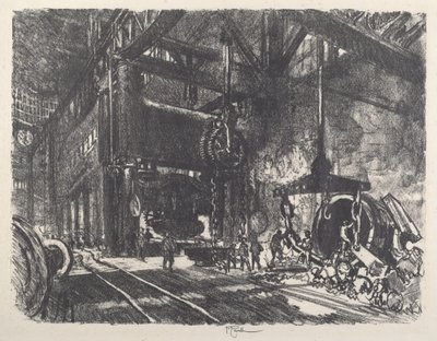 Im Land von Brobdingnag, die Panzerplatten-Biegepresse, 1917 von Joseph Pennell