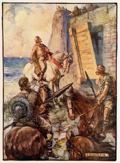 Macbeth wird von Lady Macduff der Eintritt verweigert, während ihr Mann auf dem Seeweg flieht von Joseph Ratcliffe Skelton