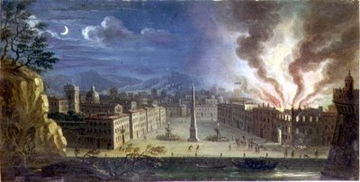 Ein Platz in einem italienischen Hafen mit einem nachts brennenden Gebäude von Joseph Ruiz
