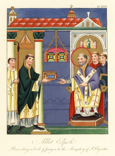 Abt Elfnoth überreicht ein Buch an St. Augustinus (Gravur) von Joseph Strutt