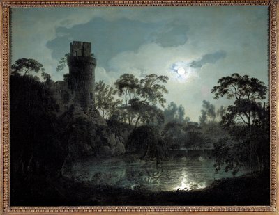 Mondlicht mit See und Schloss von Joseph Wright of Derby