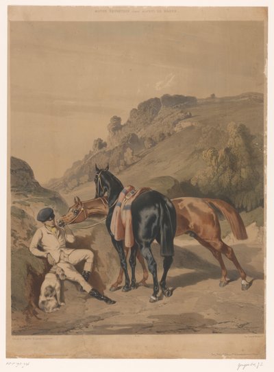 Zwei Pferde mit ruhendem Reiter in einer Landschaft von Joseph Zephyris Gengembre