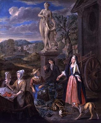 Figuren auf einem Markt in einer klassischen Landschaft von Joseph van Aken